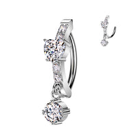 Surgical Steel Hinged Belly Button Ring With Heart CZ and Round CZ Dangle