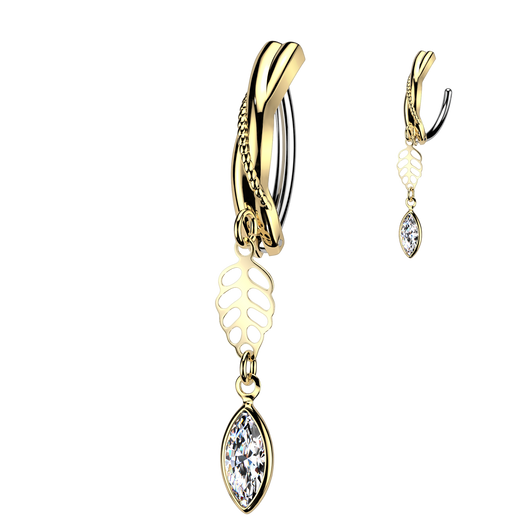 Leaf & Marquise CZ Dangle Hinged Comfortable Belly Button Ring