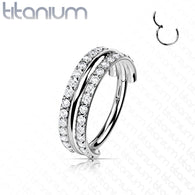 Titanium Hinged Segment Hoop Ring Double CZ Lines For Nose Septum Cartilage