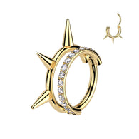 Titanium Spikes & CZ Lined Hinged Segment Triple Hoop Ring For Helix Cartilage