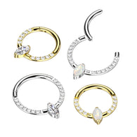 Titanium Hinged Segment Hoop Ring Opal CZ Marquise For Nose Septum Cartilage