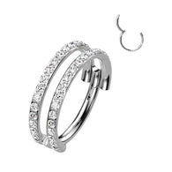 Titanium Hinged Segment Hoop Ring Double CZ Lines For Nose Septum Cartilage