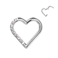 Titanium Hinged Segment Hoop Ring CZ Heart For Nose Septum Cartilage