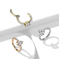 Titanium Hinged Segment Hoop Ring Teardrop CZ For Nose Septum Cartilage