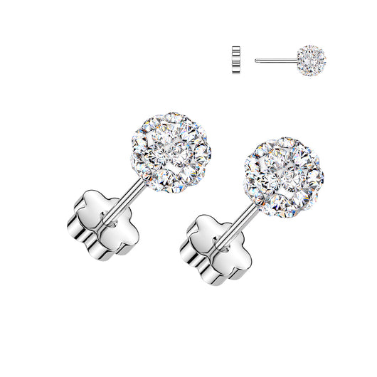 Pair Pave Ferido Ball Earring Studs With Flower Screw Back Cartilage Tragus
