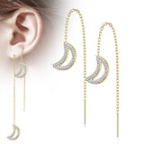 Pair Paved CZ Crescent Moon Falling Threader Earring