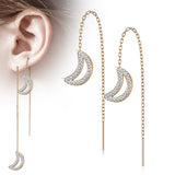 Pair Paved CZ Crescent Moon Falling Threader Earring