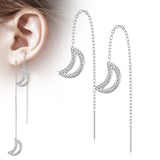 Pair Paved CZ Crescent Moon Falling Threader Earring
