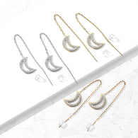 Pair Paved CZ Crescent Moon Falling Threader Earring