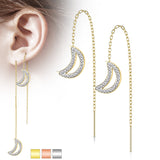 Pair Paved CZ Crescent Moon Falling Threader Earring