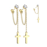 Pair CZ Stud Earrings With Chain Link and Cross Dangling