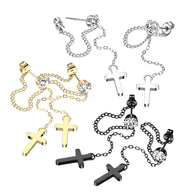 Pair CZ Stud Earrings With Chain Link and Cross Dangling