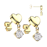Pair 316L 3 D Heart & CZ Dangle Stud Earrings