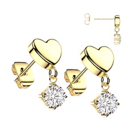 Pair 316L 3 D Heart & CZ Dangle Stud Earrings