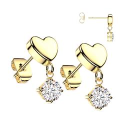Pair 316L 3 D Heart & CZ Dangle Stud Earrings