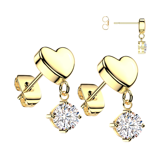 Pair 316L 3 D Heart & CZ Dangle Stud Earrings
