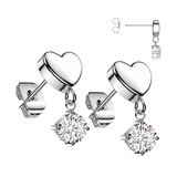 Pair 316L 3 D Heart & CZ Dangle Stud Earrings
