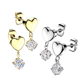 Pair 316L 3 D Heart & CZ Dangle Stud Earrings