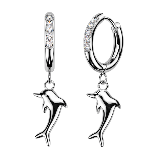 Pair CZ & Dolphin Dangle Hinged Hoop Earrings Ear Cartilage Tragus