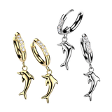 Pair CZ & Dolphin Dangle Hinged Hoop Earrings Ear Cartilage Tragus