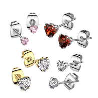 Pair Of Prong Set Heart CZ 316L Surgical Steel Stud Earrings Ear Cartilage