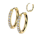 Pair Implant Titanium 2mm Thick Hinged Round Hoop CZ Earrings Studs