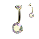 24K Gold PVD Titanium Internally Threaded Prong Set Double CZ Belly Button Ring