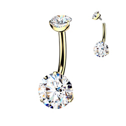 24K Gold PVD Titanium Prong Set Clear CZ Belly Button Ring 12mm Length