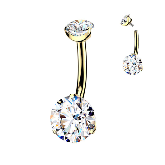 24K Gold PVD Titanium Prong Set Clear CZ Belly Button Ring 12mm Length