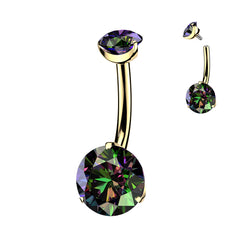 24K Gold PVD Titanium Internally Threaded Prong Set Double CZ Belly Button Ring