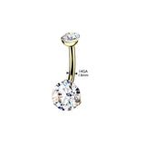 24K Gold PVD Titanium Prong Set Clear CZ Belly Button Ring 12mm Length