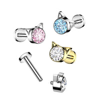 Titanium Internally Threaded Labret With Bezel Set CZ Kitty Top Tragus