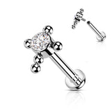 Titanium Bezel Set CZ Beaded Ball Cross Top Labret Ear Cartilage Tragus