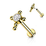 Titanium Bezel Set CZ Beaded Ball Cross Top Labret Ear Cartilage Tragus