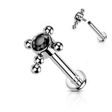 Titanium Bezel Set CZ Beaded Ball Cross Top Labret Ear Cartilage Tragus