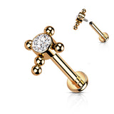 Titanium Bezel Set CZ Beaded Ball Cross Top Labret Ear Cartilage Tragus