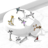 Titanium Bezel Set CZ Beaded Ball Cross Top Labret Ear Cartilage Tragus