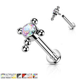 Titanium Bezel Set CZ Beaded Ball Cross Top Labret Ear Cartilage Tragus