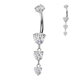 Titanium Prong Set Triple CZ Heart Dangle Belly Button Rings
