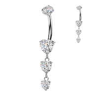 Titanium Prong Set Triple CZ Heart Dangle Belly Button Rings