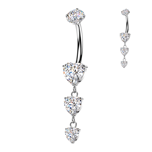 Titanium Prong Set Triple CZ Heart Dangle Belly Button Rings