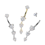 Titanium Prong Set Triple CZ Heart Dangle Belly Button Rings