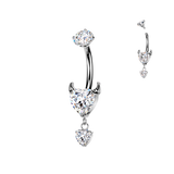 Titanium Prong Set Devil Heart CZ & Heart Dangle Belly Button Ring