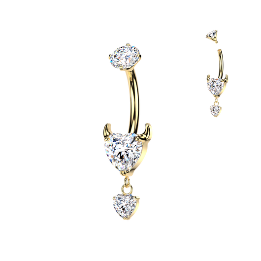 Titanium Prong Set Devil Heart CZ & Heart Dangle Belly Button Ring