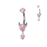 Titanium Prong Set Devil Heart CZ & Heart Dangle Belly Button Ring
