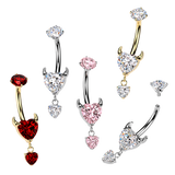 Titanium Prong Set Devil Heart CZ & Heart Dangle Belly Button Ring