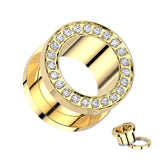 Pair Titanium CNC Set CZ Rim Double Flare Screw Fit Ear Tunnel