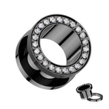 Pair Titanium CNC Set CZ Rim Double Flare Screw Fit Ear Tunnel