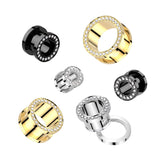 Pair Titanium CNC Set CZ Rim Double Flare Screw Fit Ear Tunnel