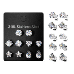 5 Pairs Of Assorted Prong Set CZ Stainless Steel Stud Earrings Pack